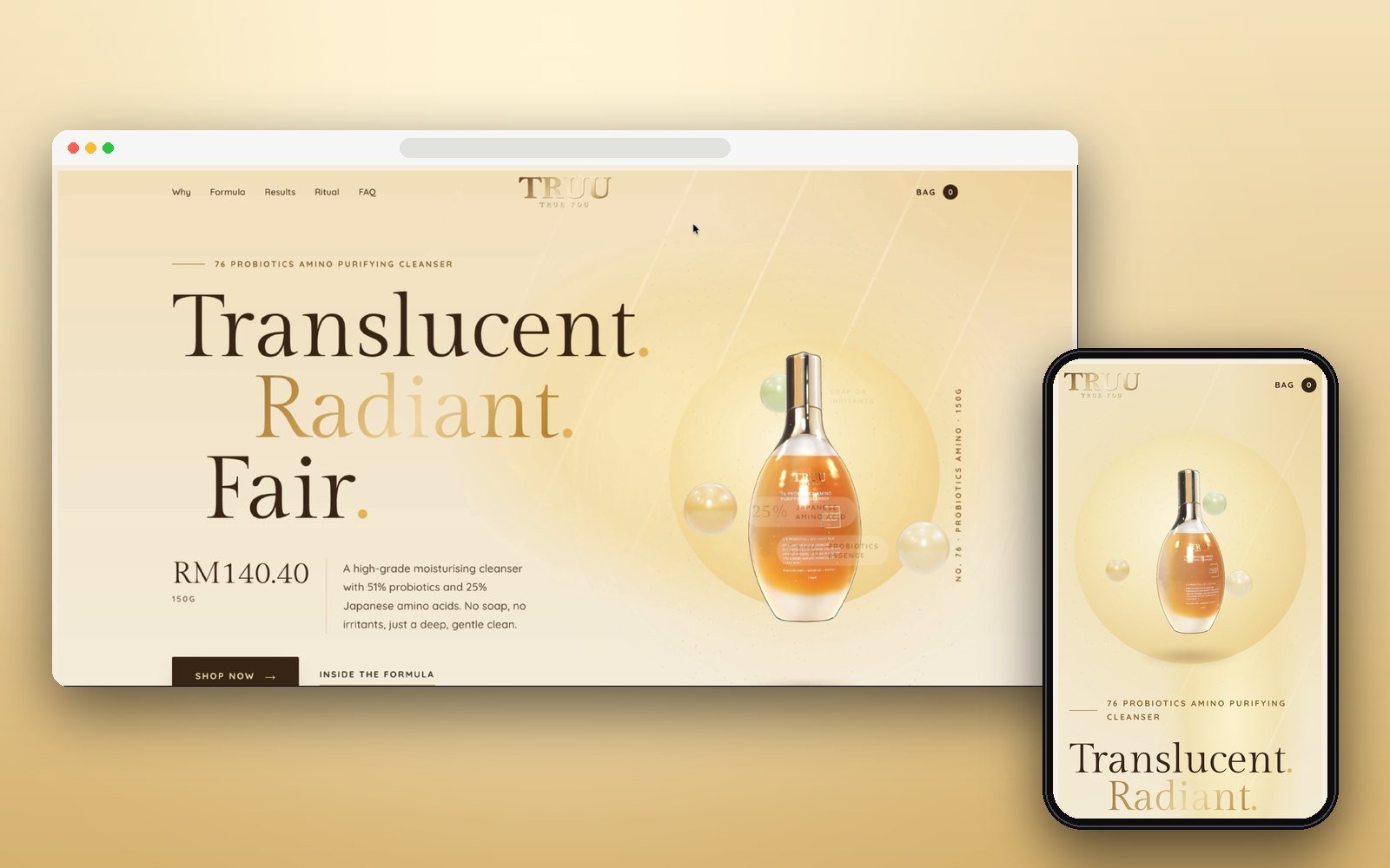 TRUU skincare cleanser landing page on a laptop and a phone