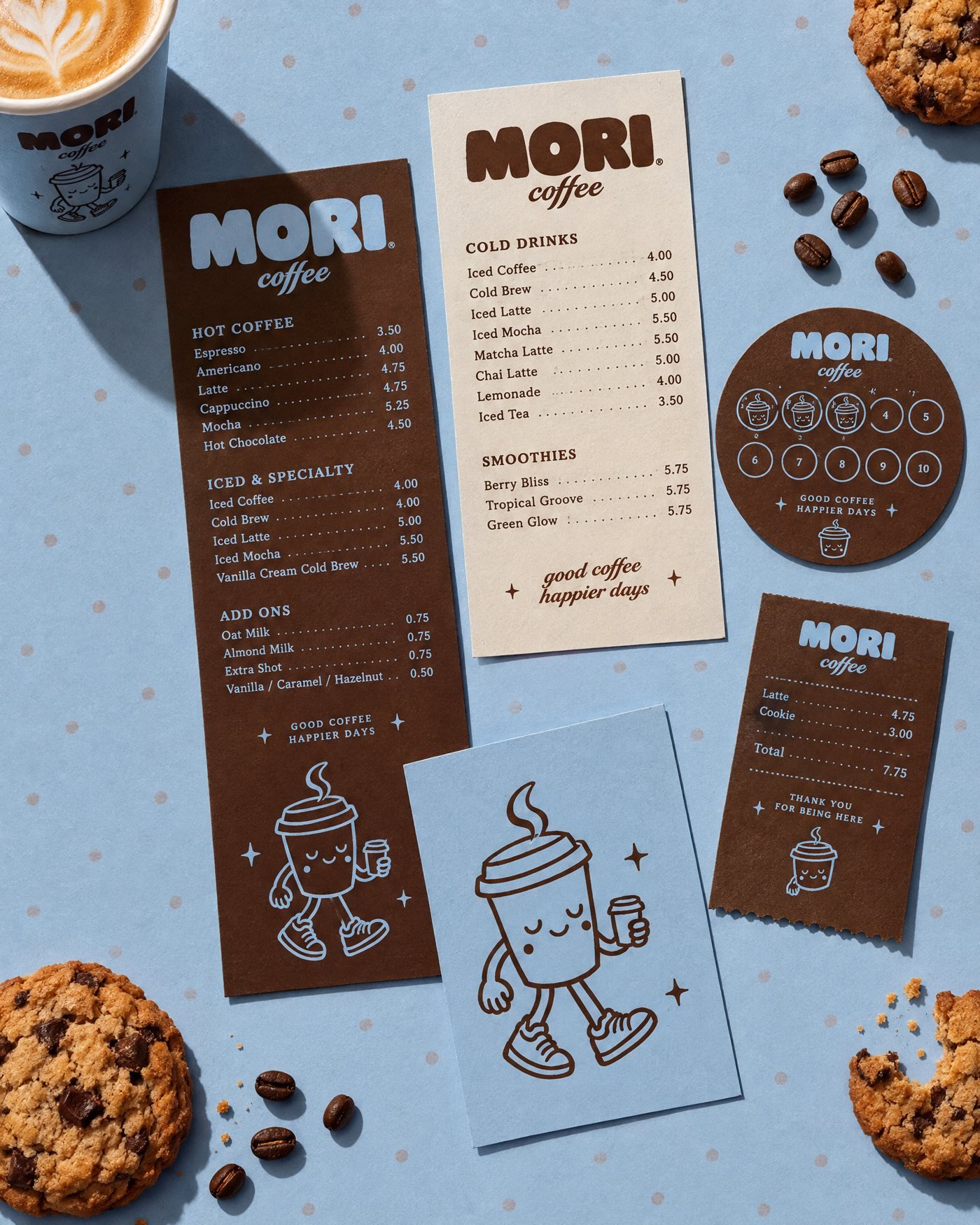 Mori menus, loyalty card and receipt